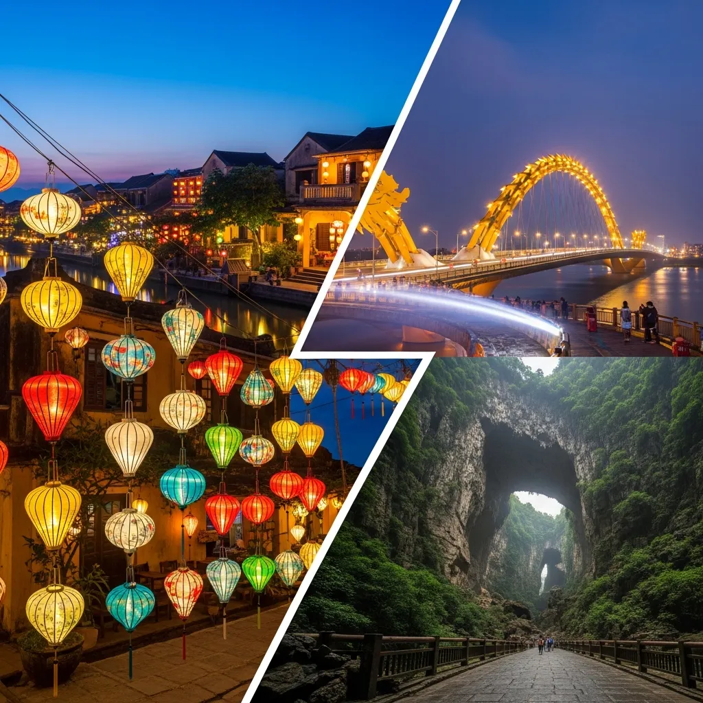 Ảnh ghép danh lam Miền Trung: đèn lồng Hội An, Cầu Rồng Đà Nẵng, động Phong Nha.