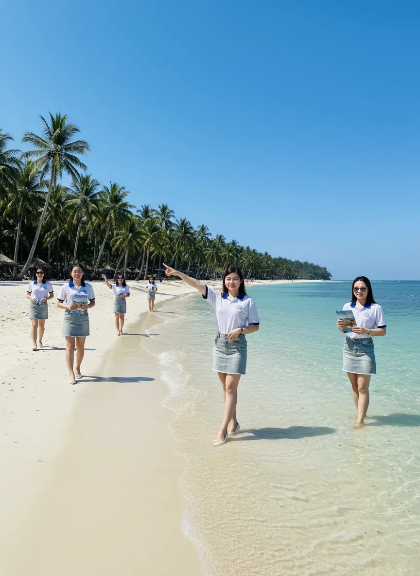 Bãi biển Phú Quốc và nhân viên Tầm Vóc Việt trong cẩm nang du lịch tự túc.