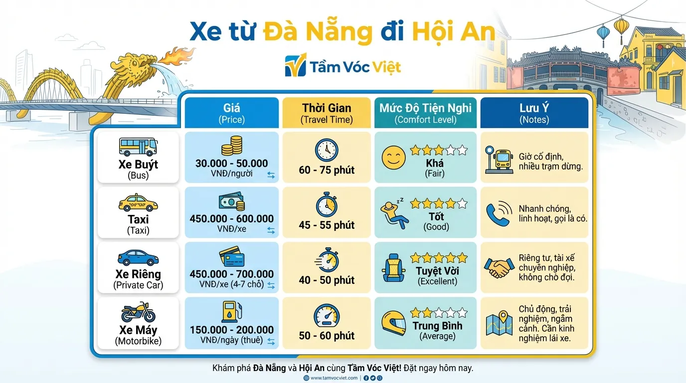 Bảng so sánh giá và thời gian các loại xe từ Đà Nẵng đi Hội An của Tầm Vóc Việt
