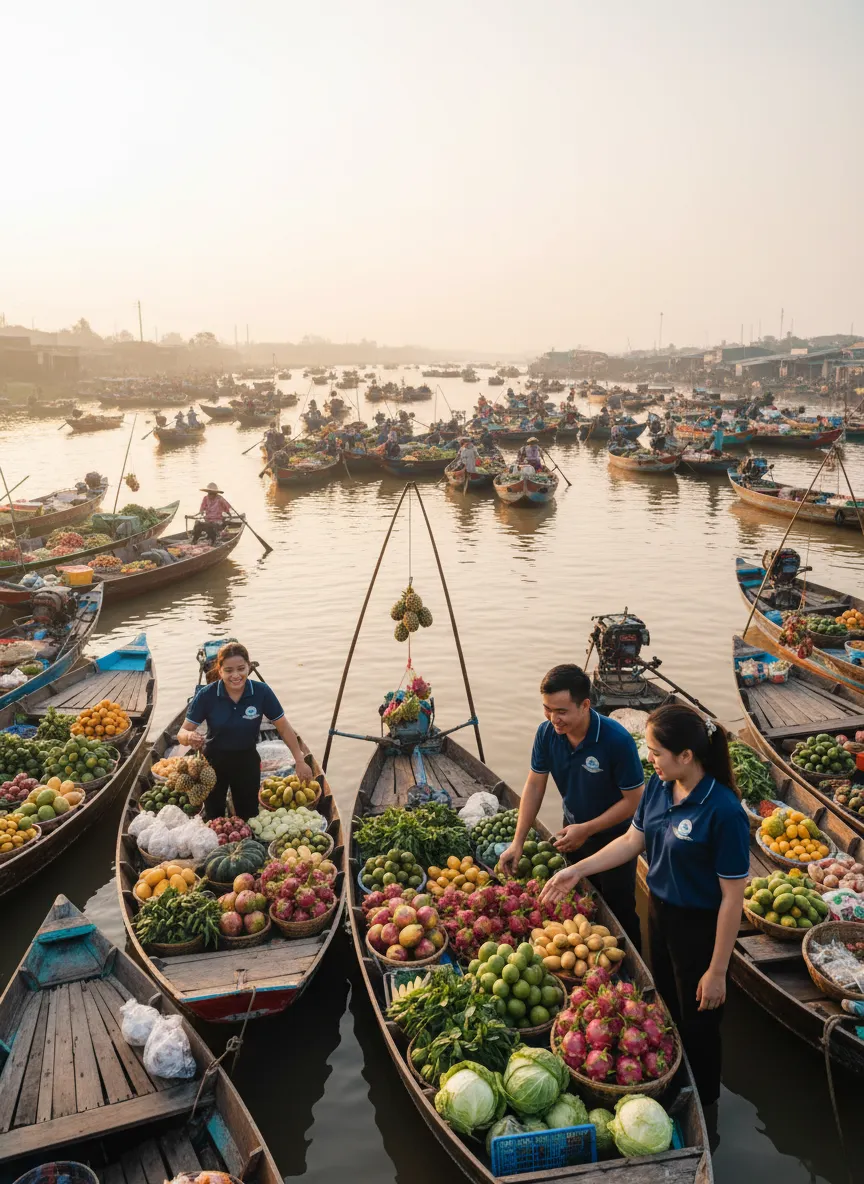 Bình minh rực rỡ tại chợ nổi Cái Răng cùng nhân viên CÔNG TY TNHH TẦM VÓC VIỆT.