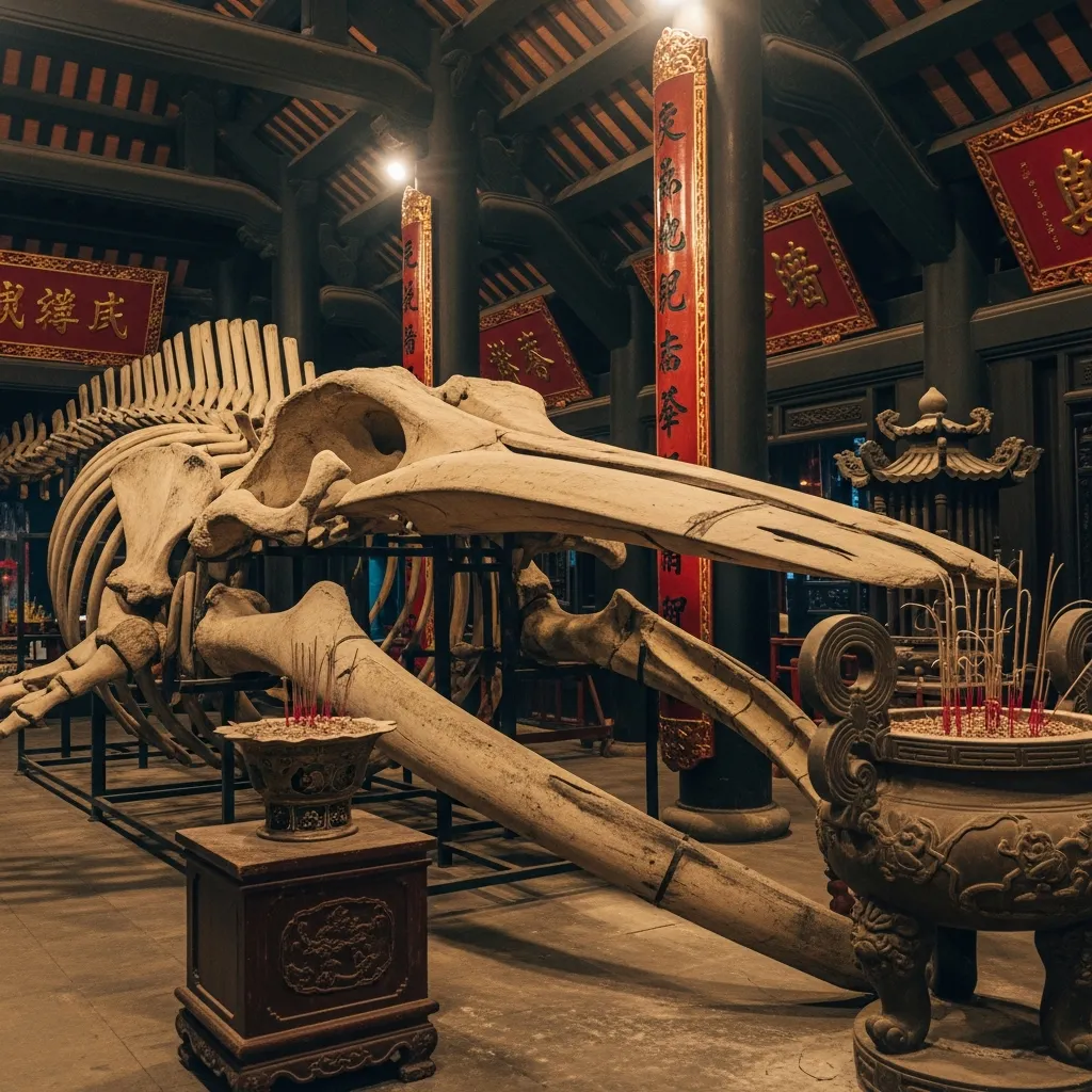 Bộ xương cá Ông khổng lồ trong Lăng Ông Nam Hải tại Hòn Đá Bạc Cà Mau.