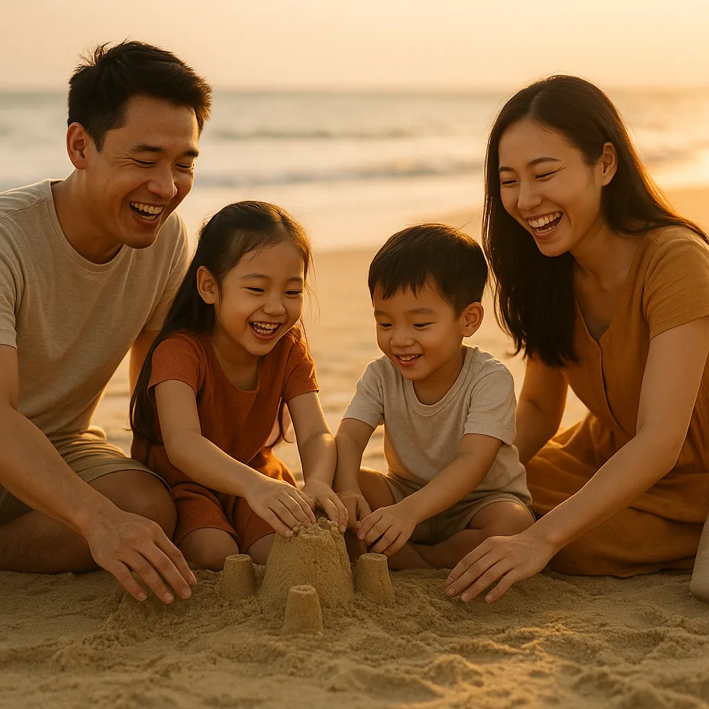 Gia đình cùng trẻ nhỏ vui chơi thư giãn trên bãi biển theo cẩm nang từ Tầm Vóc Việt