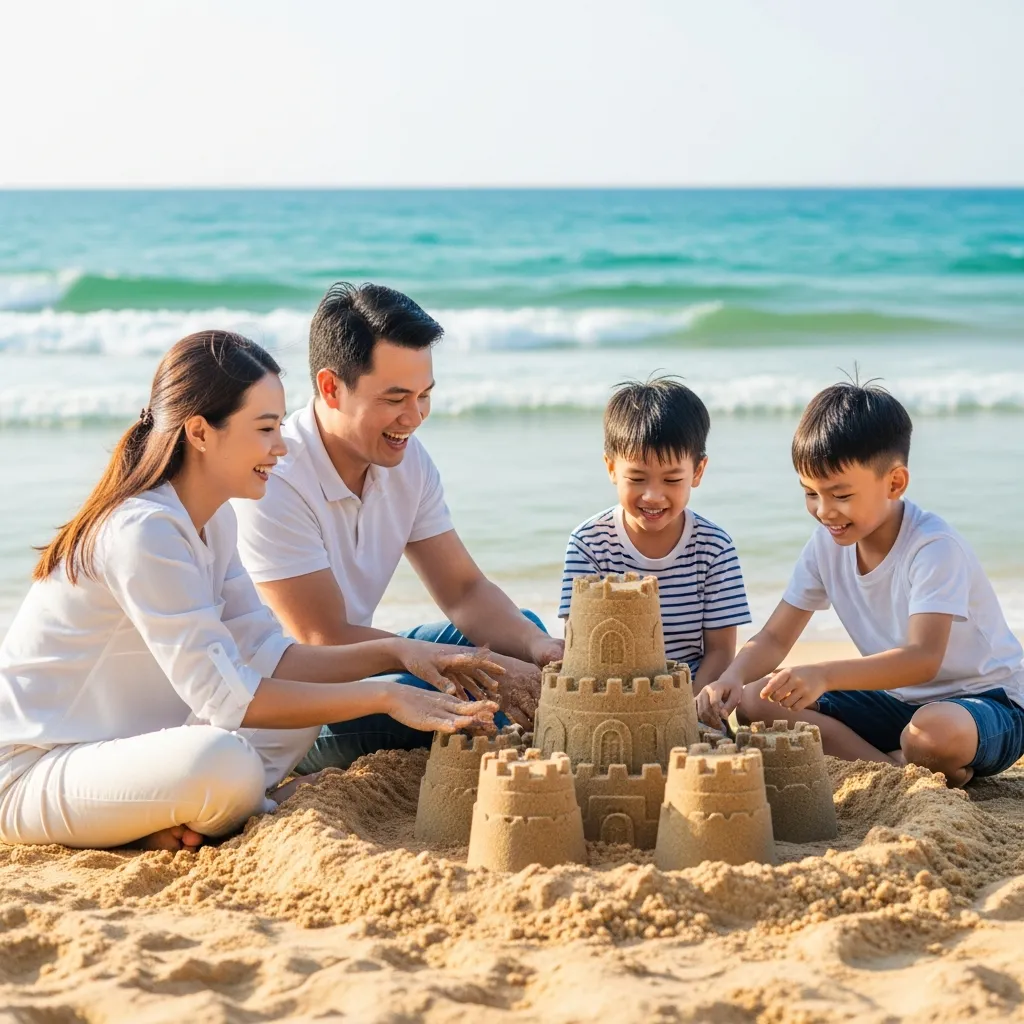 Gia đình hạnh phúc cùng hai con nhỏ vui chơi xây lâu đài cát trên bãi biển Vũng Tàu