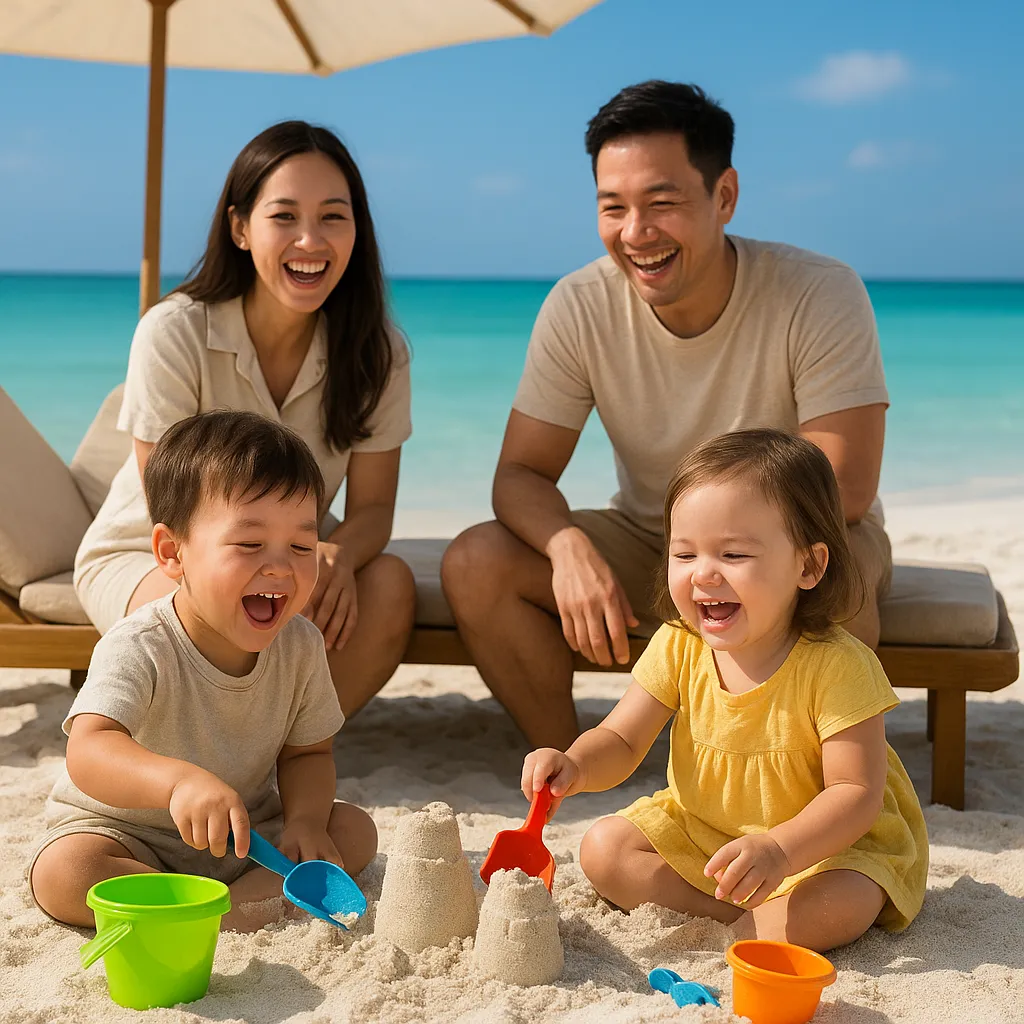 Gia đình hạnh phúc cùng trẻ nhỏ nghỉ dưỡng tại bãi biển an toàn, trong lành cùng Tầm Vóc Việt