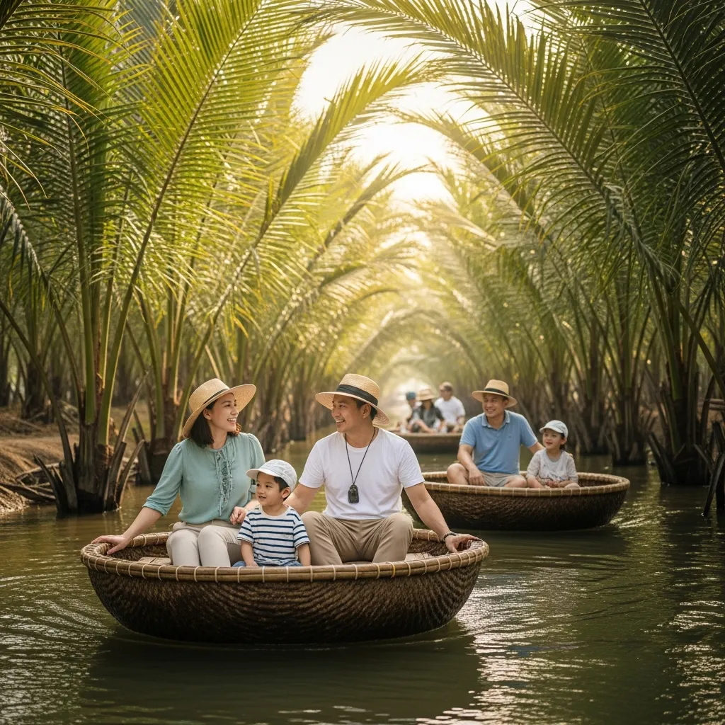 Gia đình hào hứng trải nghiệm chèo thuyền thúng tại Rừng dừa Bảy Mẫu cùng Tầm Vóc Việt
