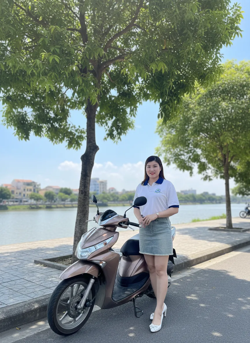 Hướng dẫn viên Tầm Vóc Việt bên xe máy trên đường Lê Lợi cạnh sông Hương khi du lịch Huế.