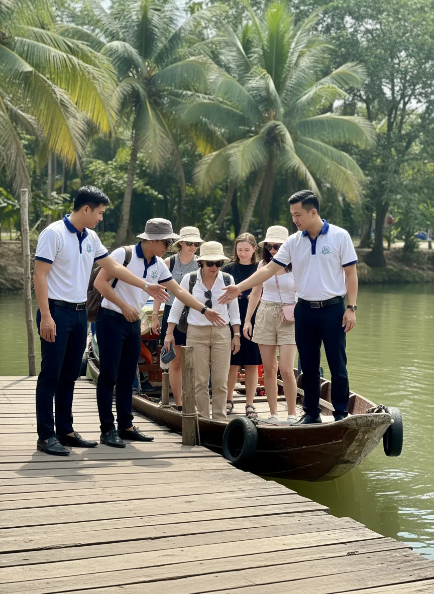 Hướng dẫn viên Tầm Vóc Việt hỗ trợ khách lên tàu tham quan trong chuyến du lịch miền Tây.