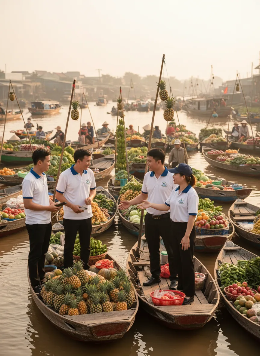 Hướng dẫn viên Tầm Vóc Việt tại chợ nổi Cái Răng đầy khóm và bí ngô