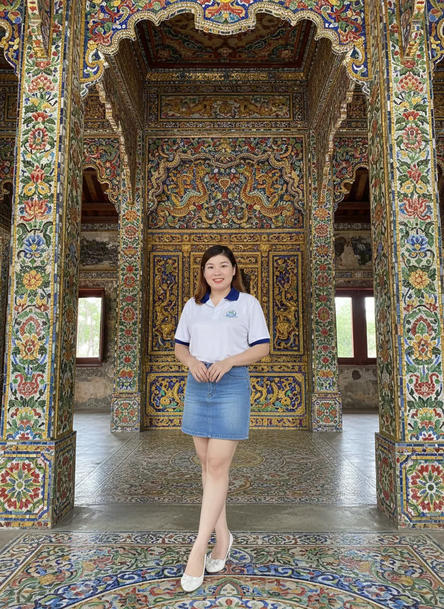 Hướng dẫn viên Tầm Vóc Việt tại cung Thiên Định lăng Khải Định trong chuyến du lịch Huế