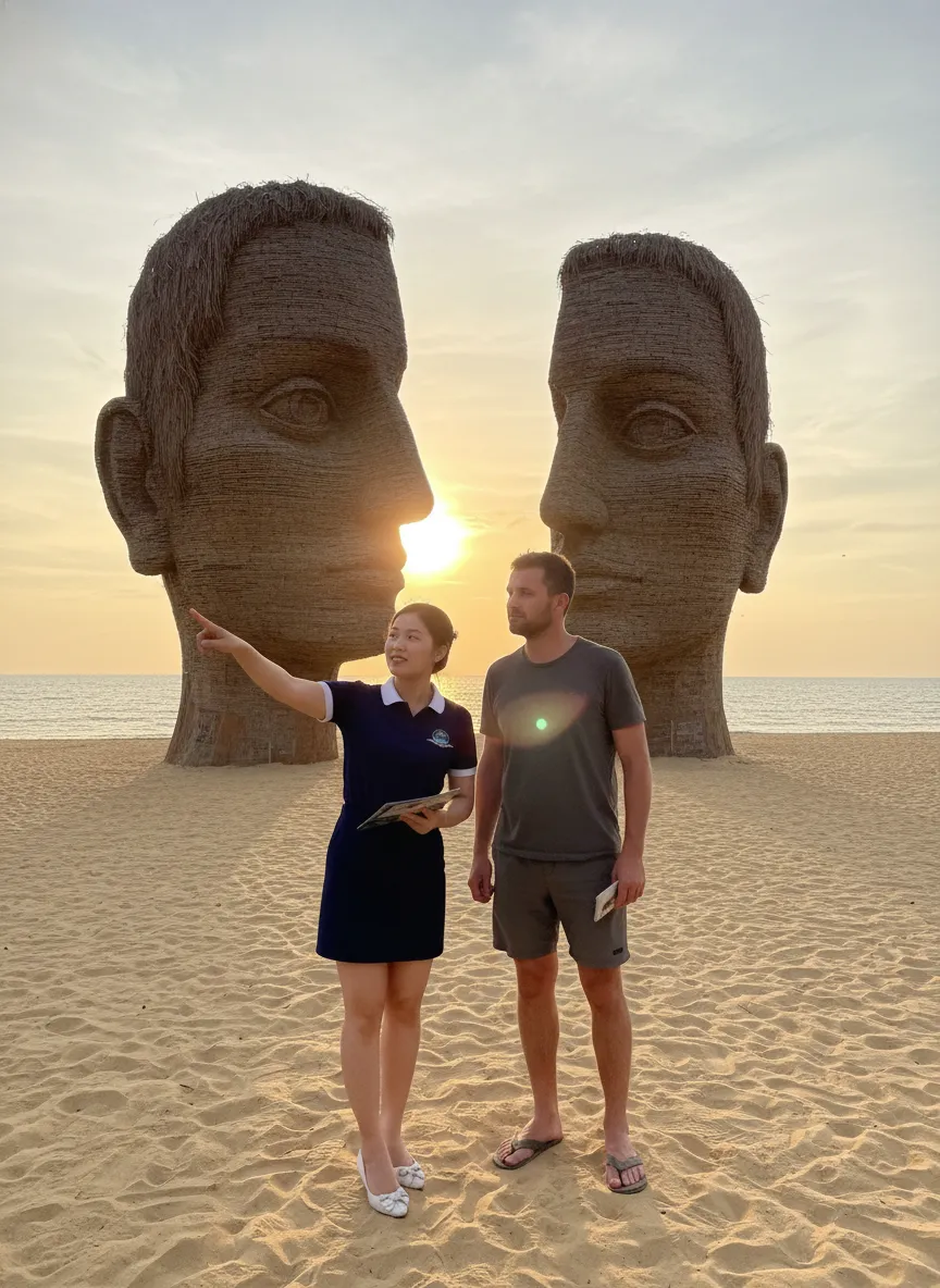 Khách du lịch check-in tại Sunset Sanato Phú Quốc cùng nhân viên công ty Tầm Vóc Việt