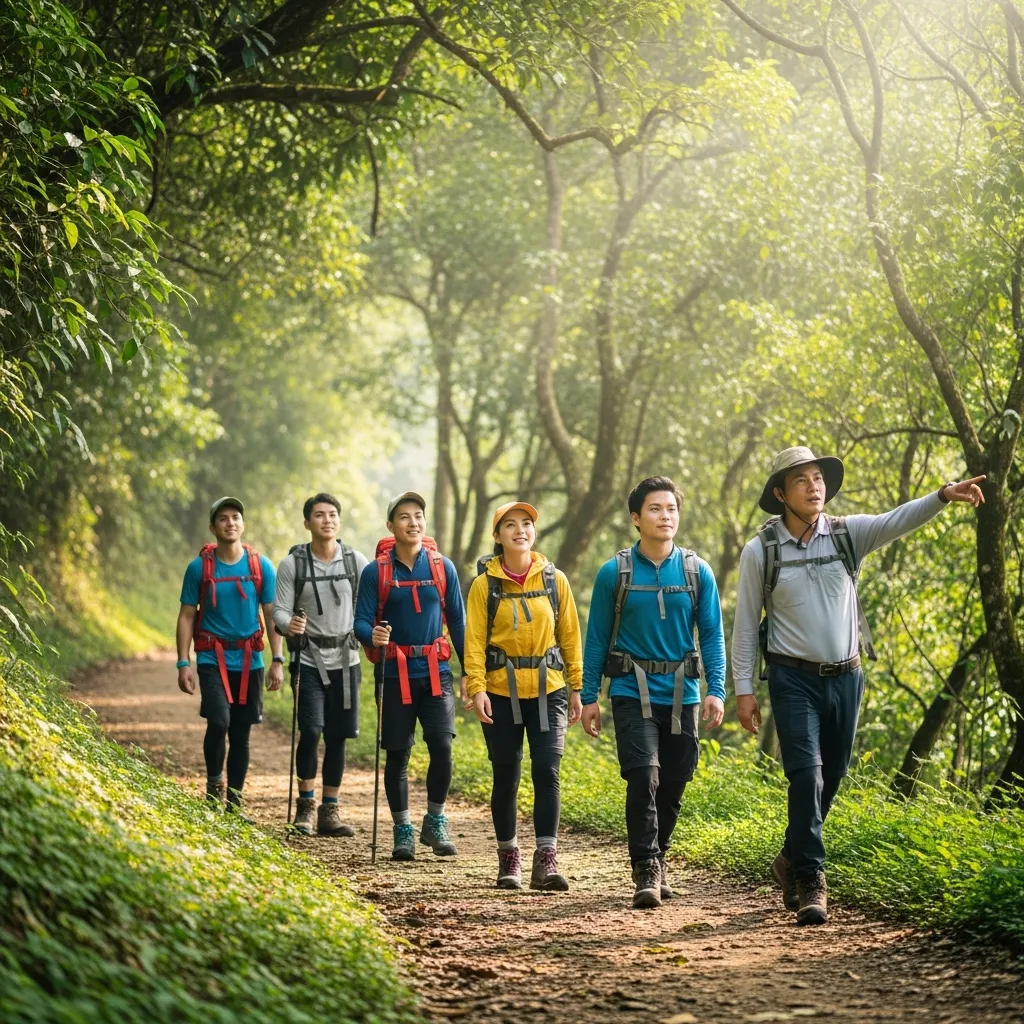 Khách du lịch trải nghiệm trekking sinh thái tại Đà Nẵng Quảng Nam cùng hướng dẫn viên Tầm Vóc Việt.