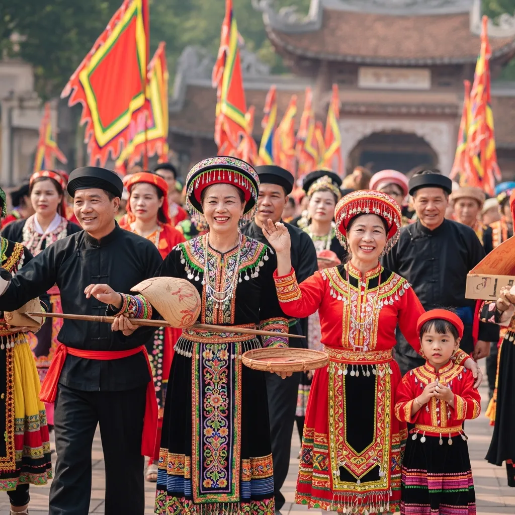 Khám phá Miền Trung: Lễ hội truyền thống Việt Nam với trang phục rực rỡ, không khí vui tươi.