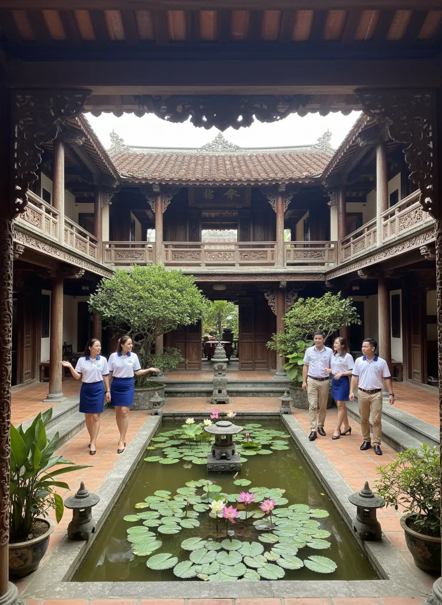 Không gian homestay truyền thống tại Huế với hồ sen và nhân viên Tầm Vóc Việt chuyên nghiệp