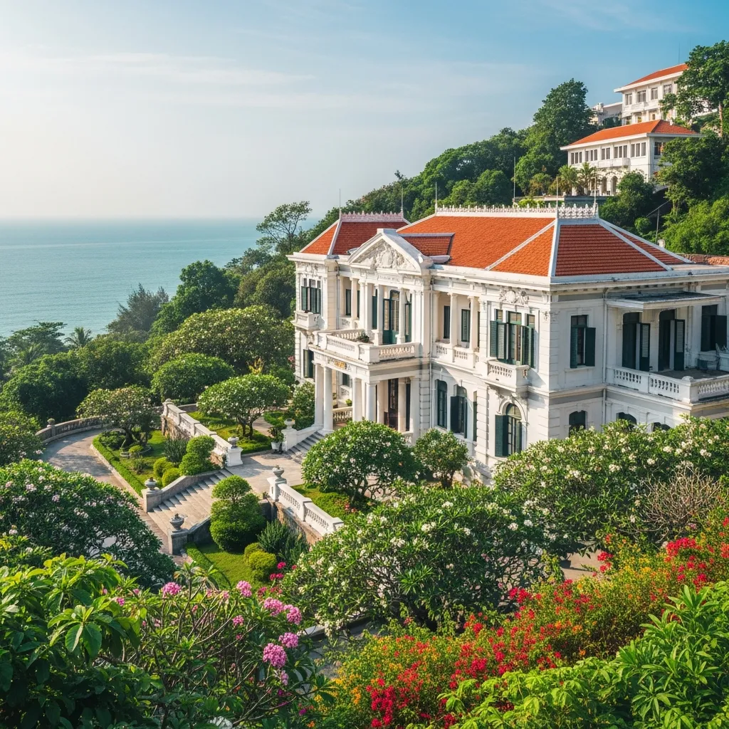 Kiến trúc Pháp cổ kính của Bạch Dinh Vũng Tàu giữa khuôn viên xanh mát hướng ra biển.