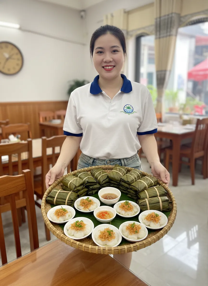 Mâm bánh bèo nạm lọc Huế truyền thống đẹp mắt do nhân viên Tầm Vóc Việt phục vụ.