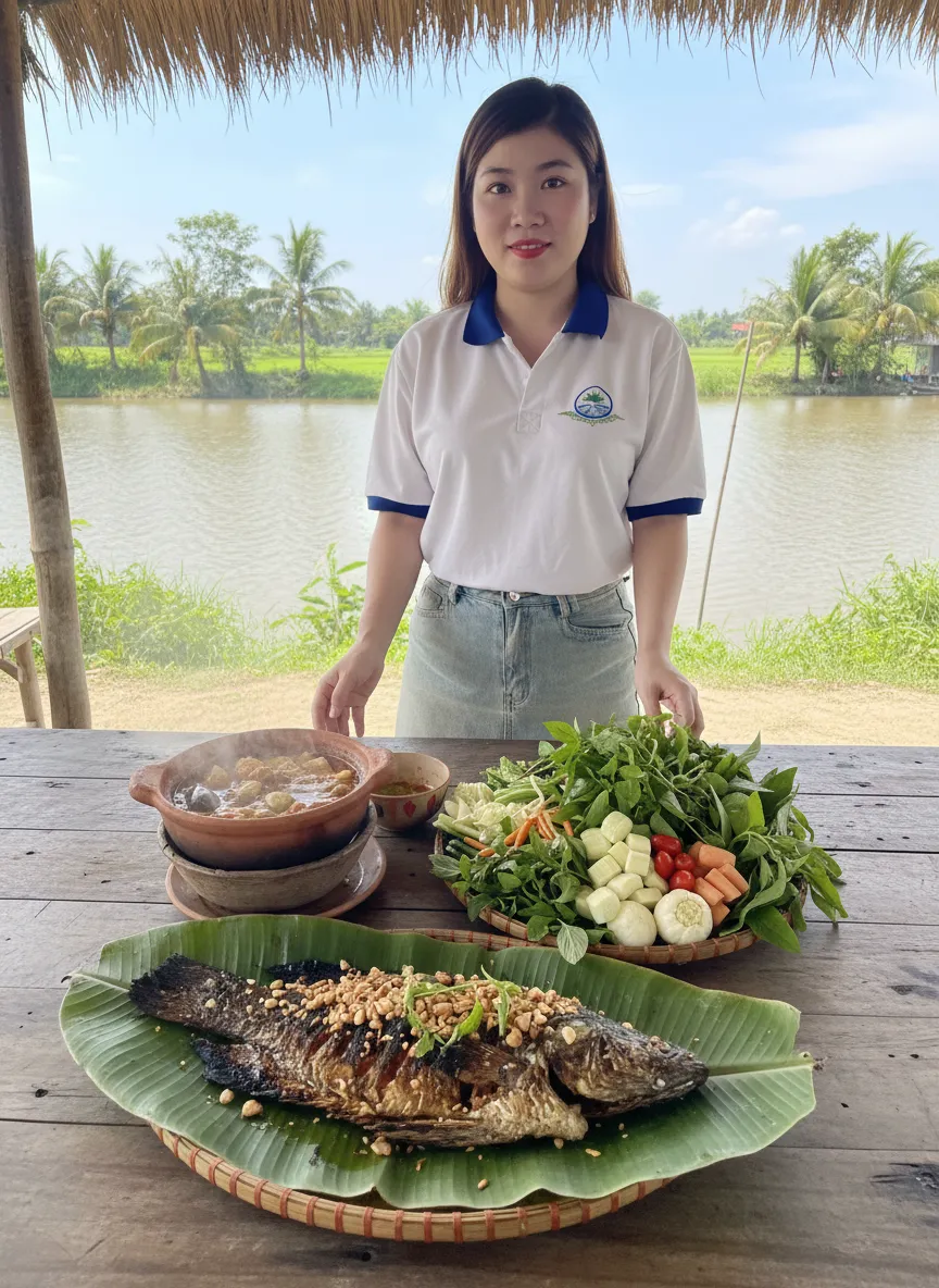 Mâm cơm miền Tây gồm cá lóc nướng trui và lẩu mắm phục vụ bởi Tầm Vóc Việt.