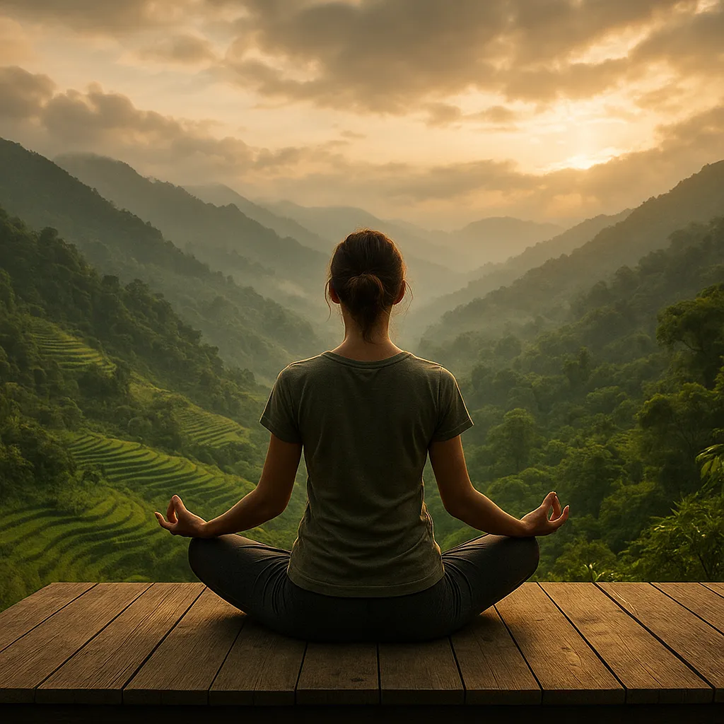 Người ngồi thiền giữa núi rừng Việt Nam mờ sương, tìm lại sự bình yên cùng Tầm Vóc Việt.