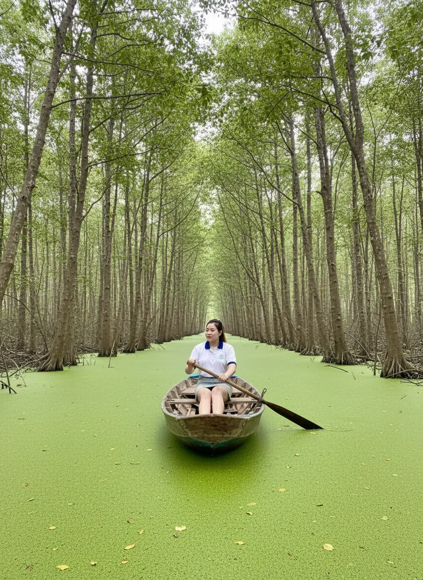 Nhân viên CÔNG TY TNHH TẦM VÓC VIỆT chèo xuồng ba lá trong rừng tràm miền Tây