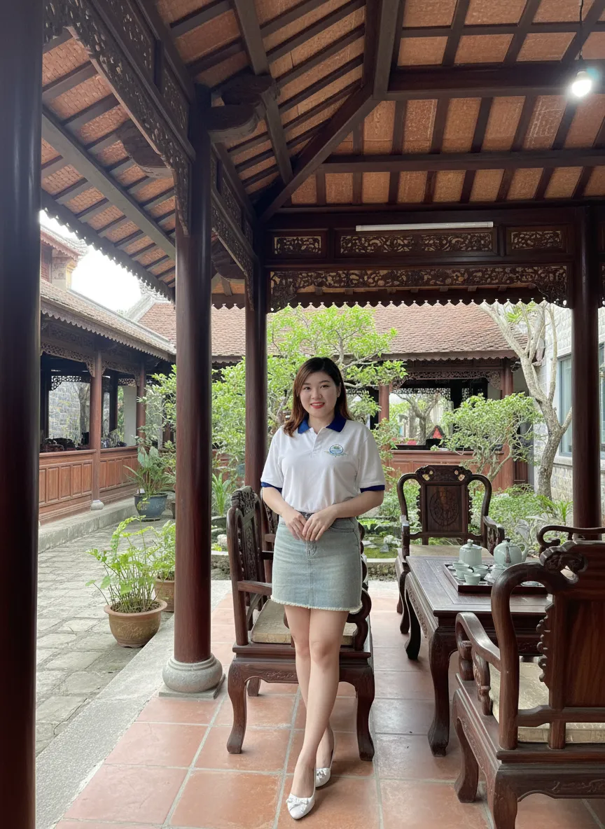 Nhân viên homestay tại Huế với kiến trúc sân vườn truyền thống và nội thất gỗ tinh tế