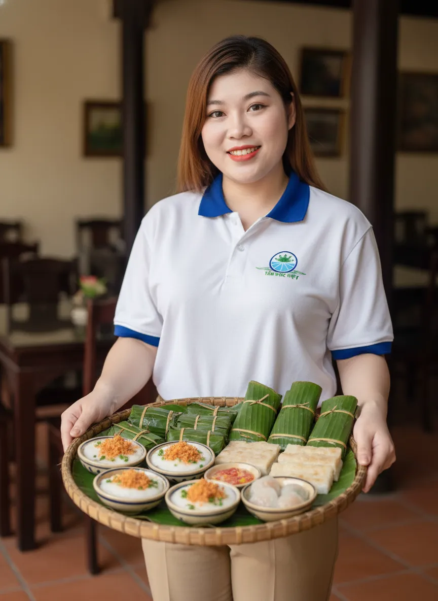 Nhân viên Tầm Vóc Việt giới thiệu khay bánh bèo nạm lọc truyền thống khi du lịch Huế.