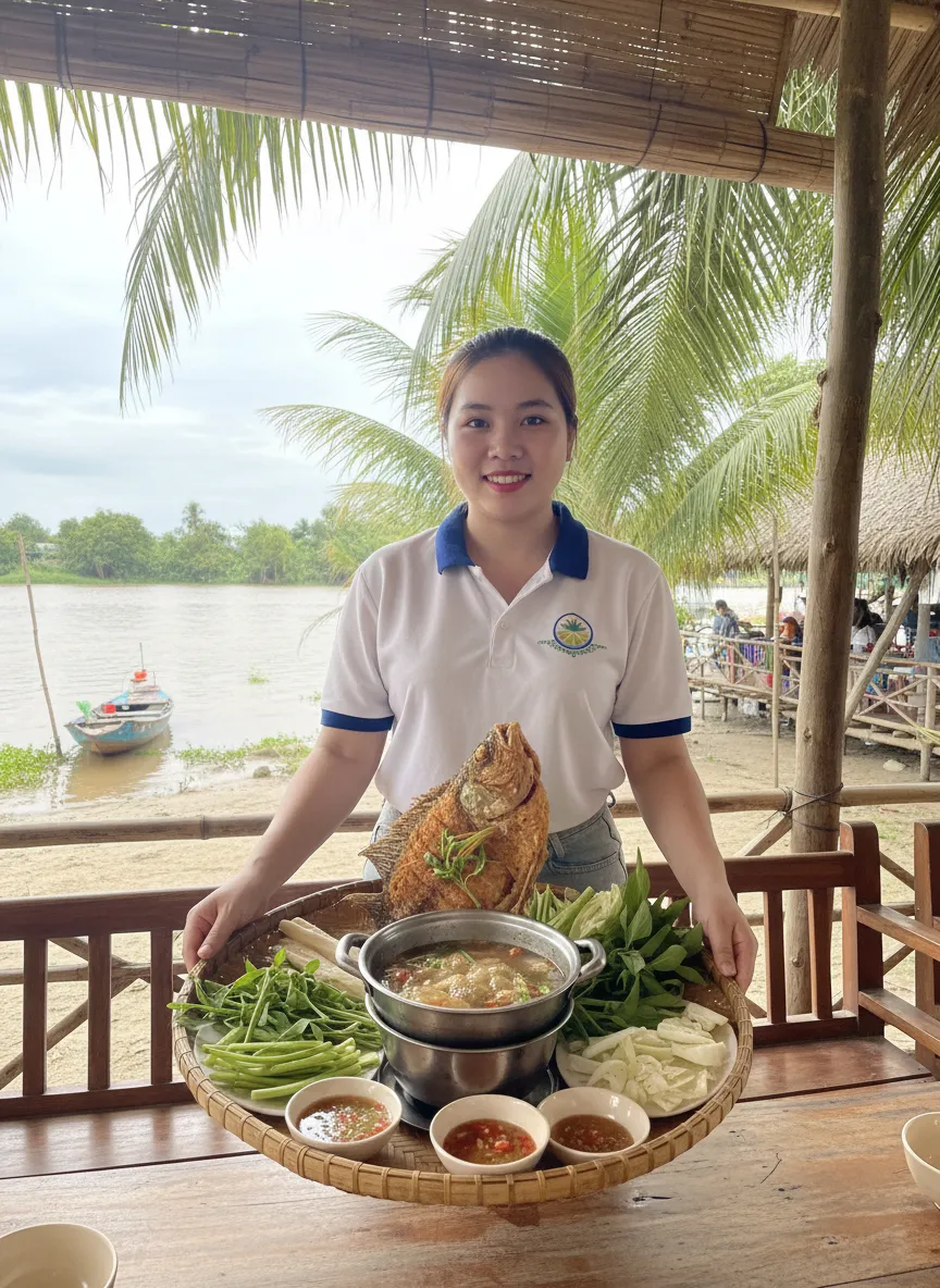 Nhân viên Tầm Vóc Việt phục vụ đặc sản cá tai tượng chiên xù khi du lịch miền Tây.