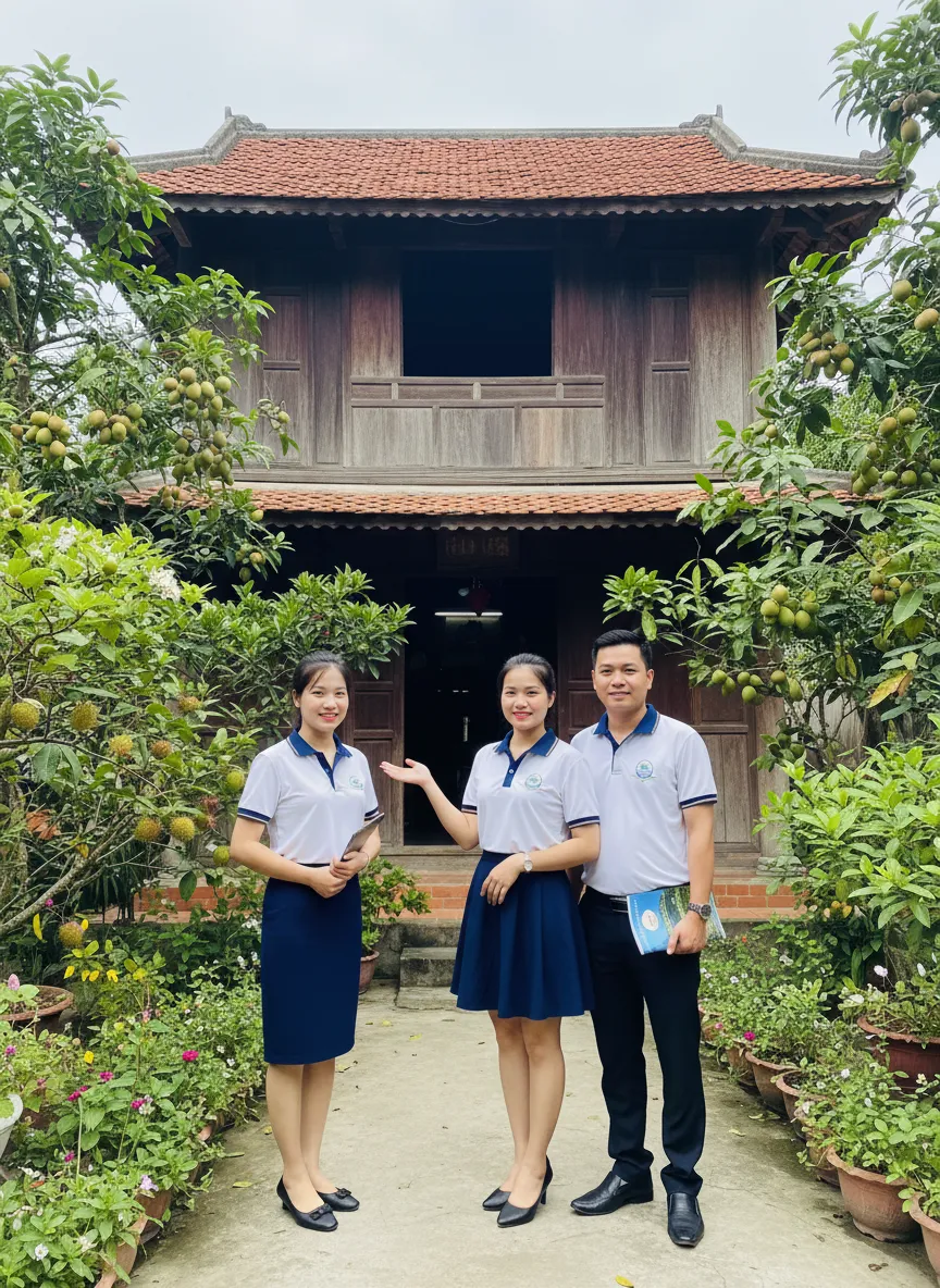 Nhân viên Tầm Vóc Việt tại homestay nhà gỗ truyền thống giữa vườn trái cây miền Tây xanh mát.