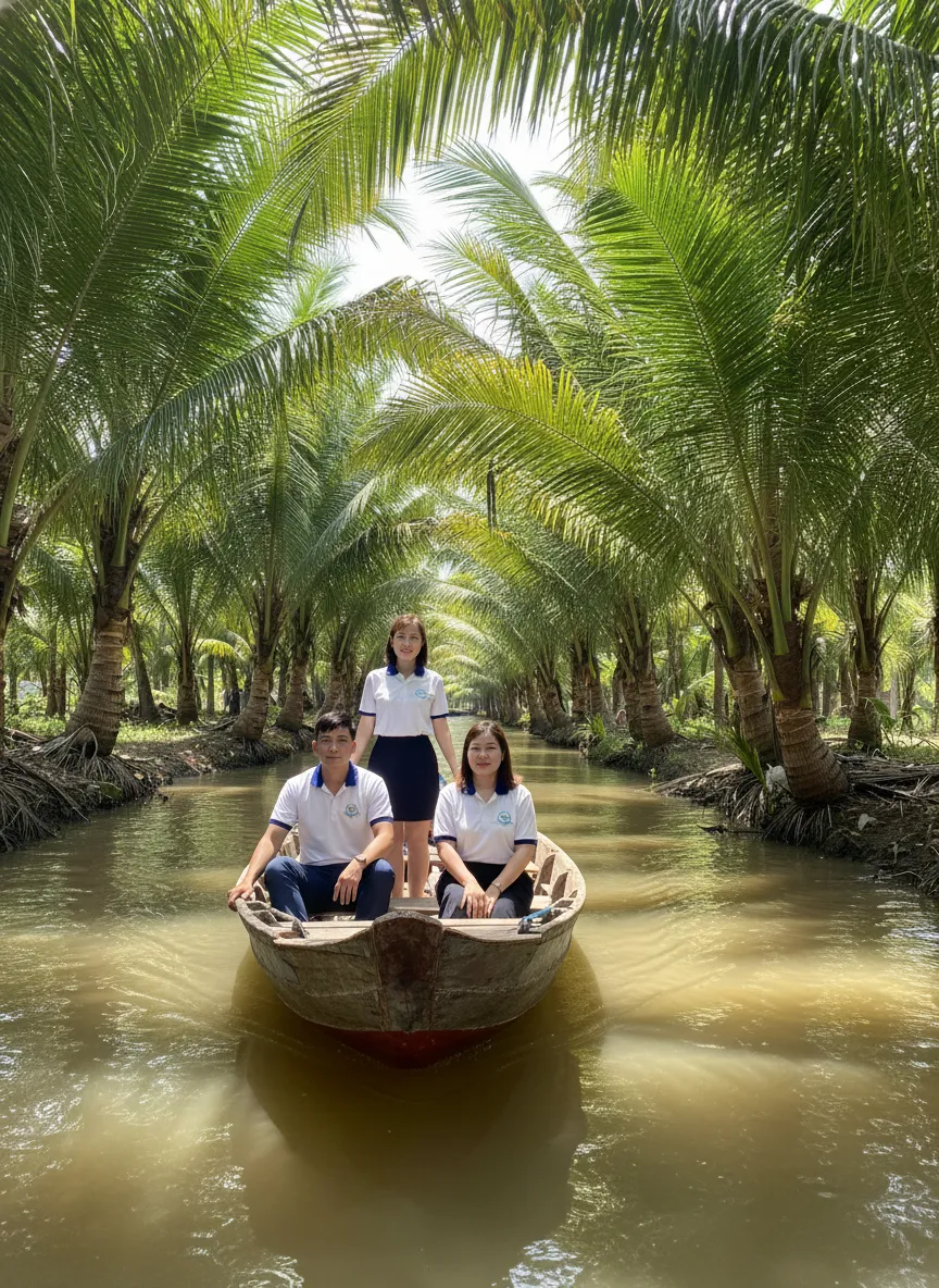 Nhân viên Tầm Vóc Việt trên thuyền đi giữa rừng dừa trong chuyến du lịch miền Tây