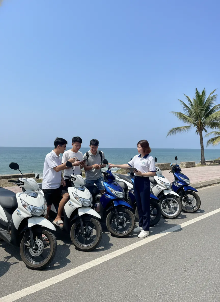 Nhóm bạn trẻ thuê xe máy từ nhân viên Tầm Vóc Việt để khám phá Phú Quốc tiết kiệm.