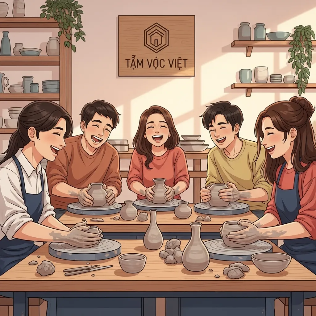 Nhóm bạn vui vẻ trải nghiệm làm gốm thủ công thư giãn cuối tuần cùng Tầm Vóc Việt