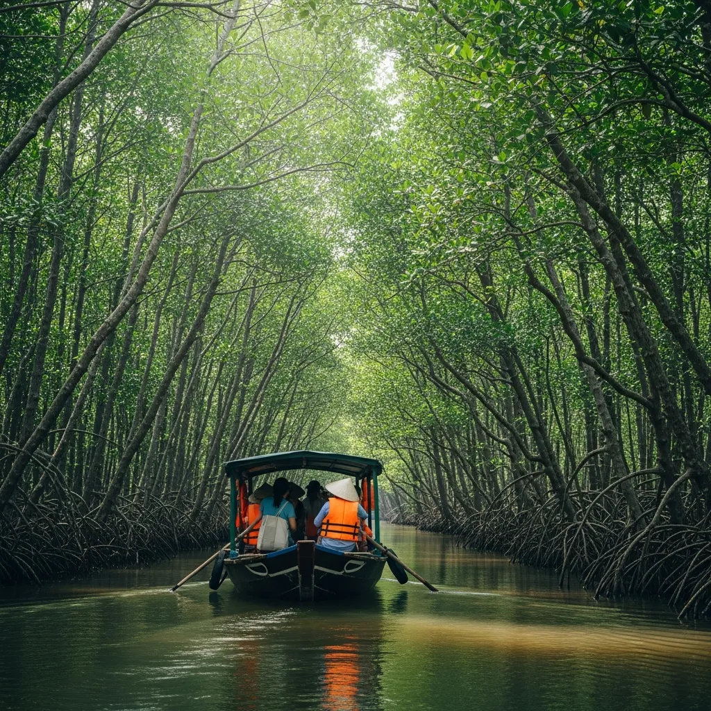 Thuyền vỏ lãi chở khách tham quan rừng ngập mặn tại Lâm ngư trường 184, Cà Mau.