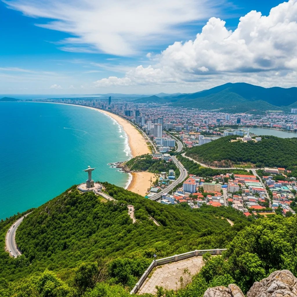 Toàn cảnh Bãi Sau Vũng Tàu tuyệt đẹp nhìn từ đỉnh núi Nhỏ với bờ biển dài và nước xanh biếc