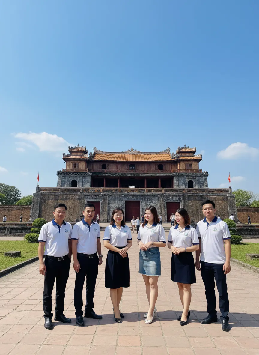 Toàn cảnh Đại Nội Huế dưới bầu trời xuân xanh biếc cùng đội ngũ nhân viên Tầm Vóc Việt.