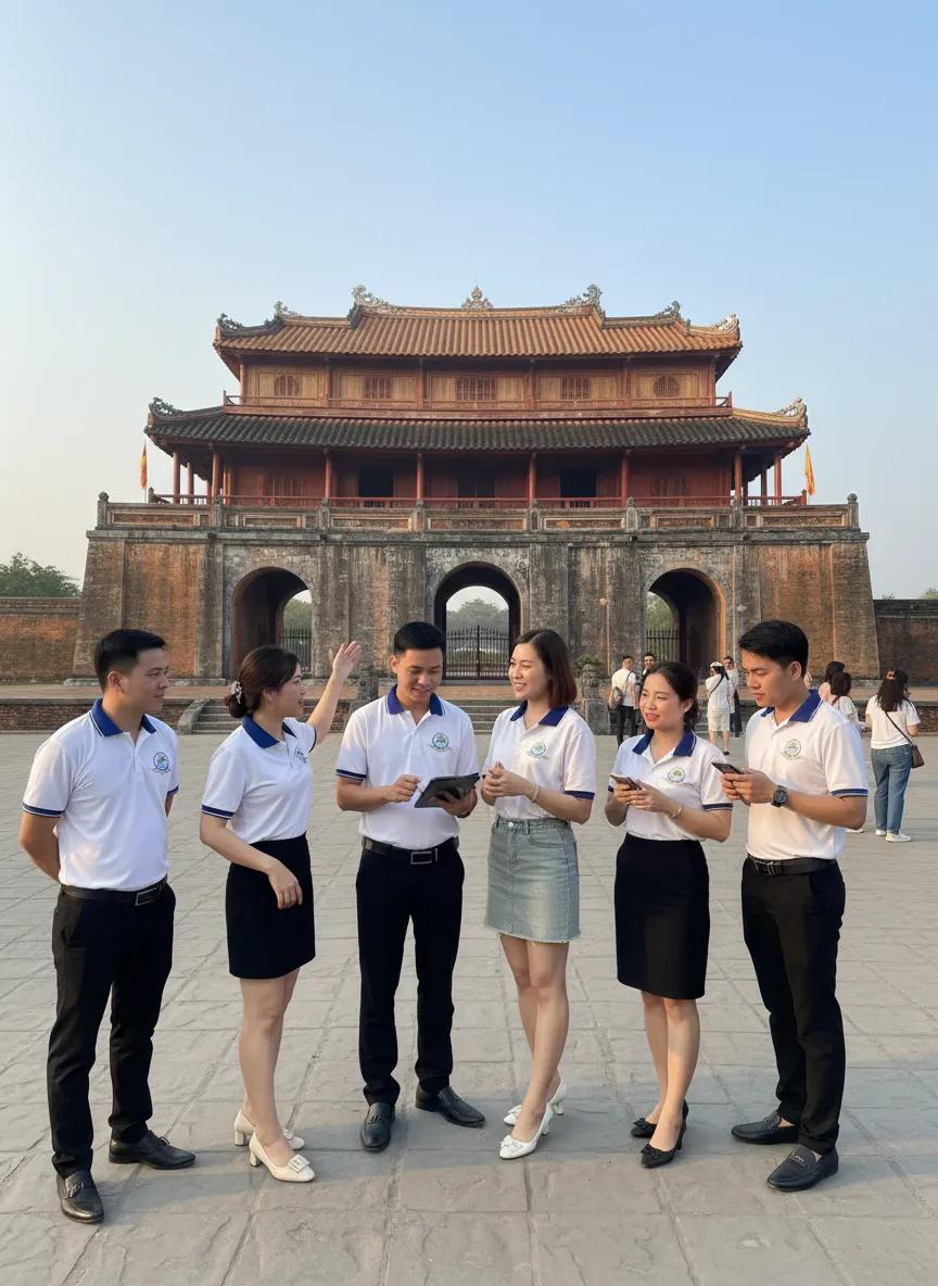 Toàn cảnh Ngọ Môn Đại Nội Huế dưới nắng sớm cùng nhân viên công ty Tầm Vóc Việt.