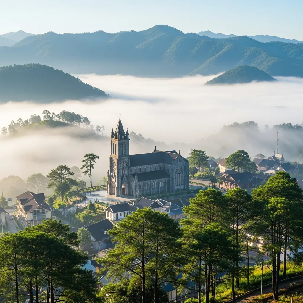 Toàn cảnh thị trấn Tam Đảo mờ sương và nhà thờ đá cổ kính từ Tầm Vóc Việt