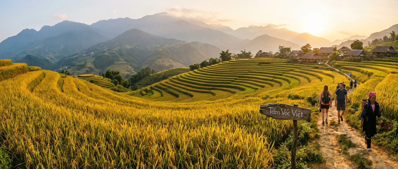 Vẻ đẹp hùng vĩ của ruộng bậc thang Sapa mùa lúa chín vàng từ Tầm Vóc Việt.