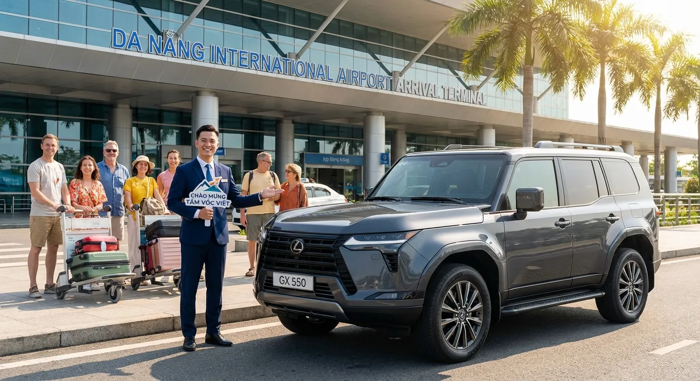 Xe 7 chỗ Tầm Vóc Việt đón khách tại sân bay Đà Nẵng đi Hội An chuyên nghiệp.