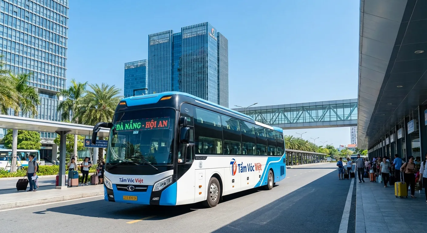 Xe khách Tầm Vóc Việt hiện đại tuyến Đà Nẵng đi Hội An tại trạm dừng trung tâm thành phố.